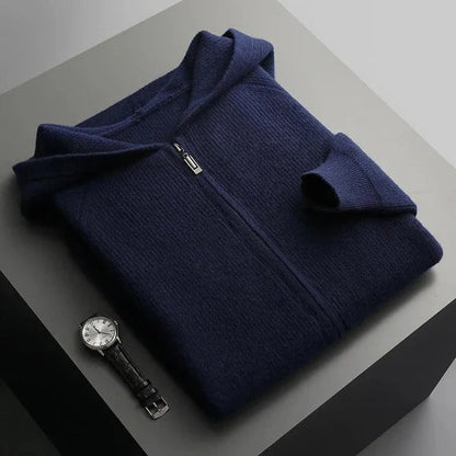 Men’s Zip Hoodie – Wool Blend Knit – Relaxed Fit – Ribbed Hem and Cuffs