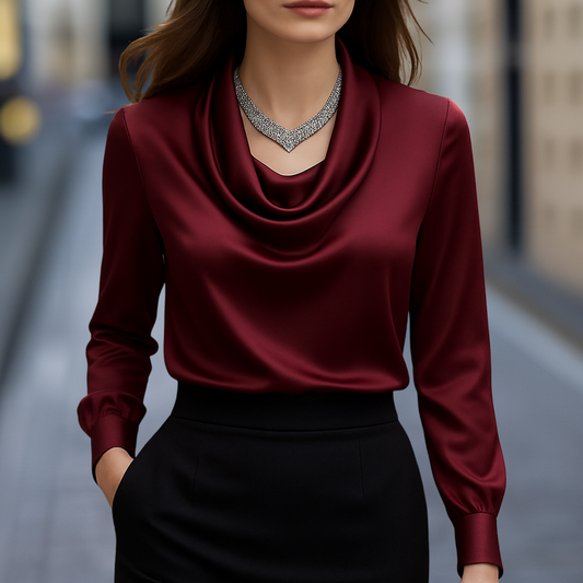Isabella Relaxed Fit Blouse | Draped Neck Long Sleeve Blouse