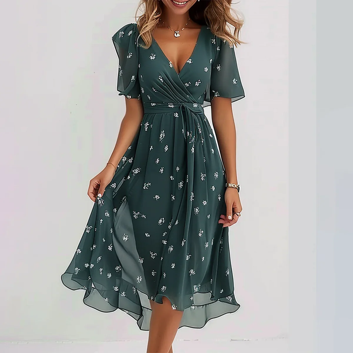 Miriam Dress | Emerald Green Floral Print Midi Dress
