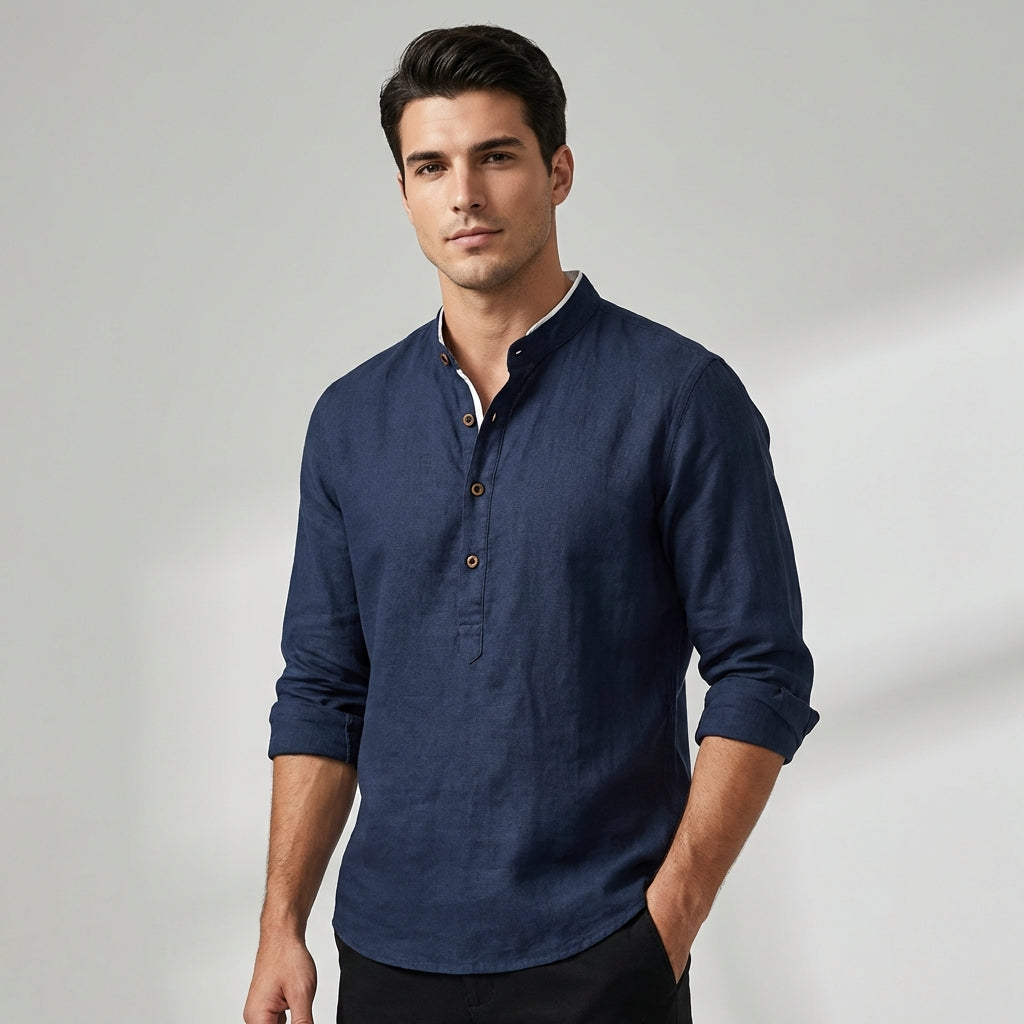 Henry Relaxed Fit Henley Shirt | Stand Collar Button Placket Shirt
