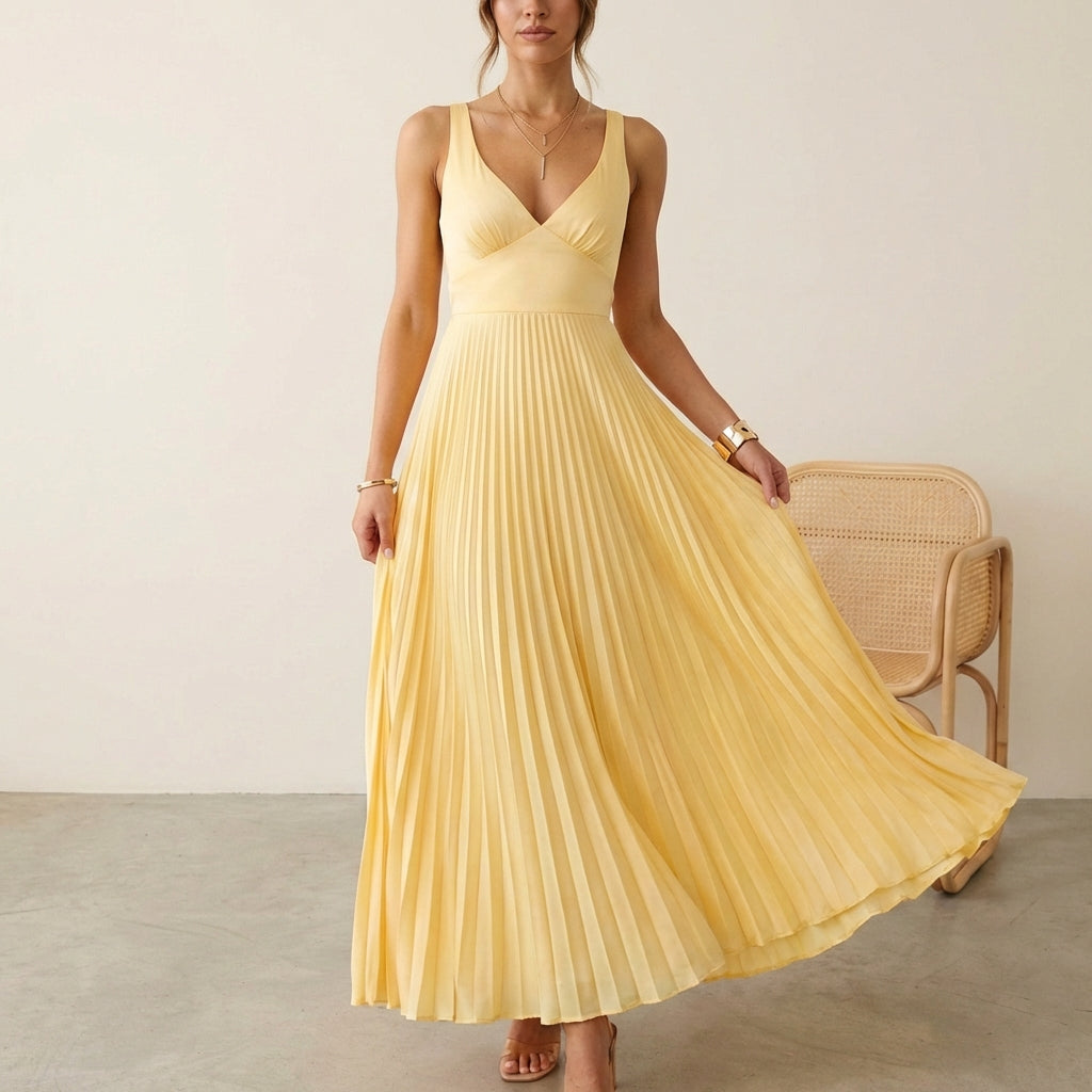 Isla A-Line Maxi Dress | Pleated V-Neck Sleeveless Dress