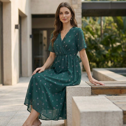 Miriam Floral V-Neck Midi Dress | Emerald Green Short Sleeve A-Line Dress