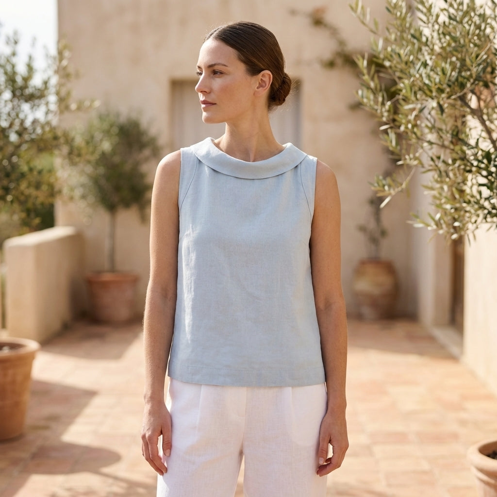 Maria Relaxed Fit Sleeveless Top | Roll Collar Curved Hem Top
