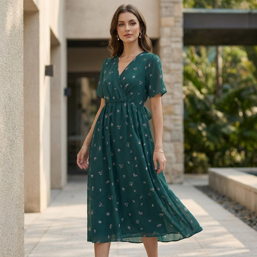 Miriam Floral V-Neck Midi Dress | Emerald Green Short Sleeve A-Line Dress