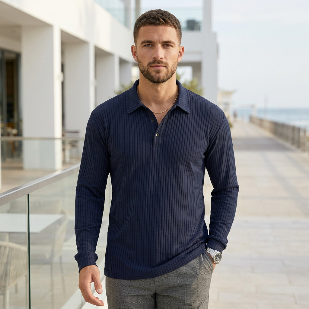 Joshua Ribbed Collared Long Sleeve Polo Shirt | Solid Regular Fit Polo Shirt
