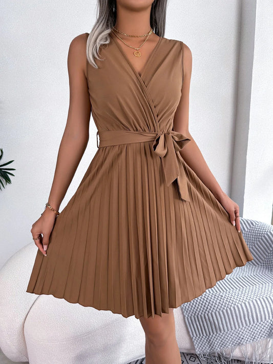 Myra Dress | Sleeveless Brown Pleated Mini Dress