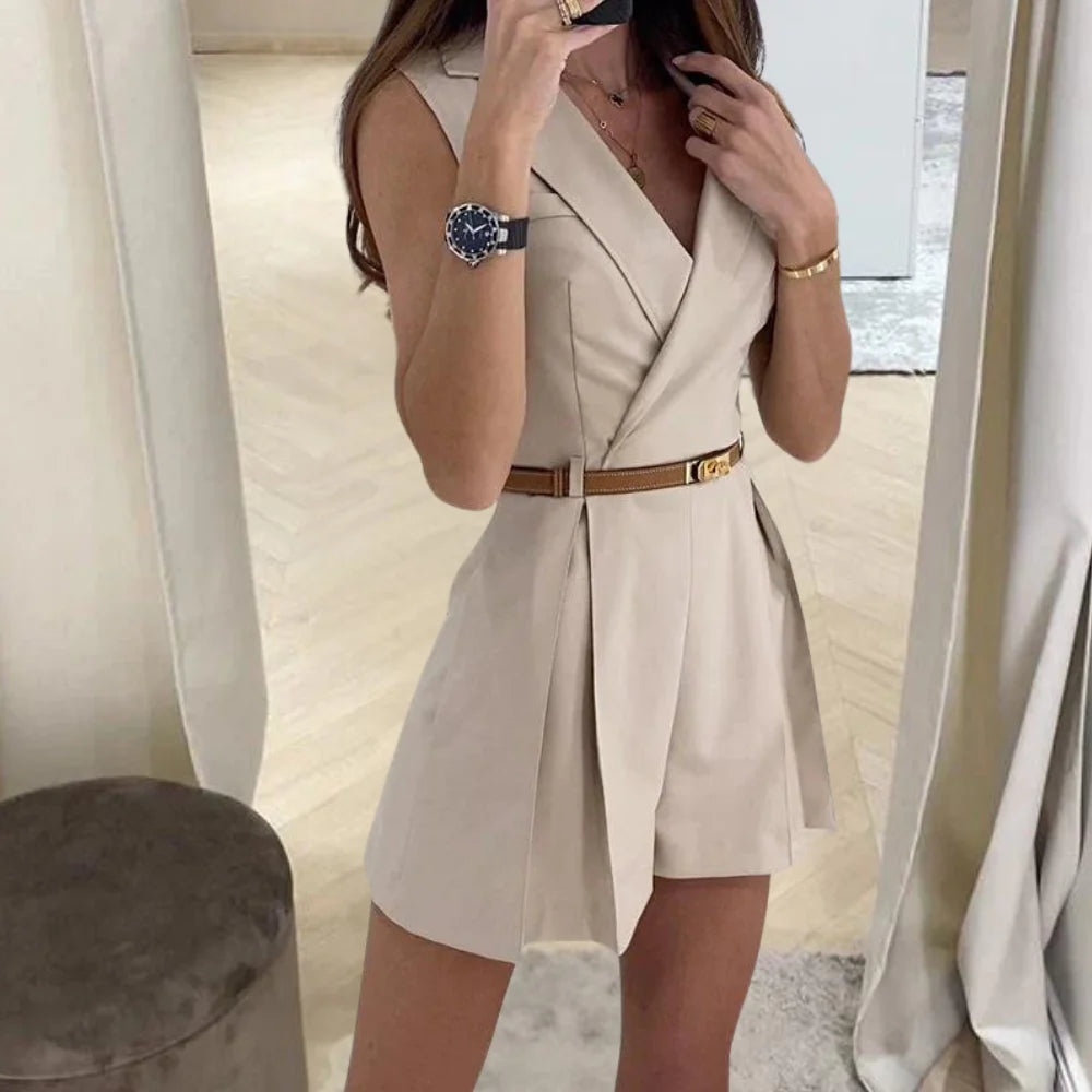 Nabila Romper | Sleeveless Belted Waist V-Neck Romper