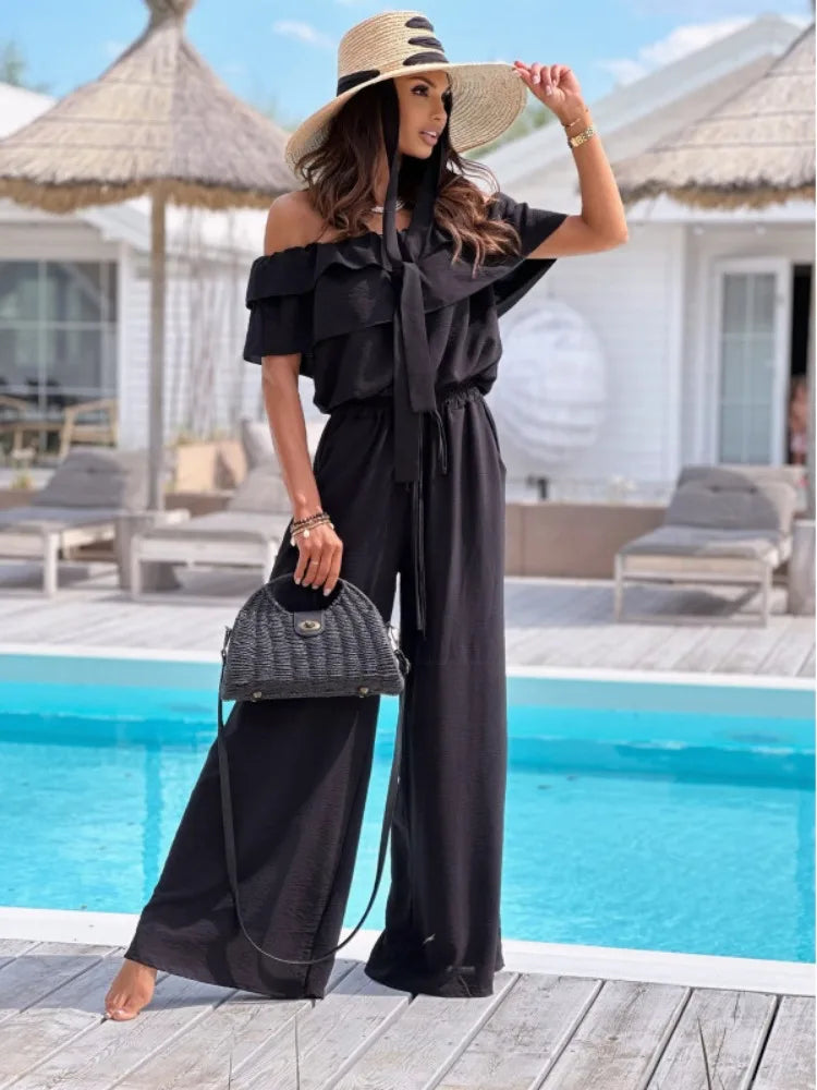 Nadine Jumpsuit | Off-the-Shoulder Ruffled Neckline Wide-Leg Jumpsuit