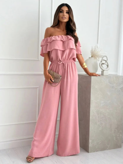 Nadine Jumpsuit | Off-the-Shoulder Ruffled Neckline Wide-Leg Jumpsuit