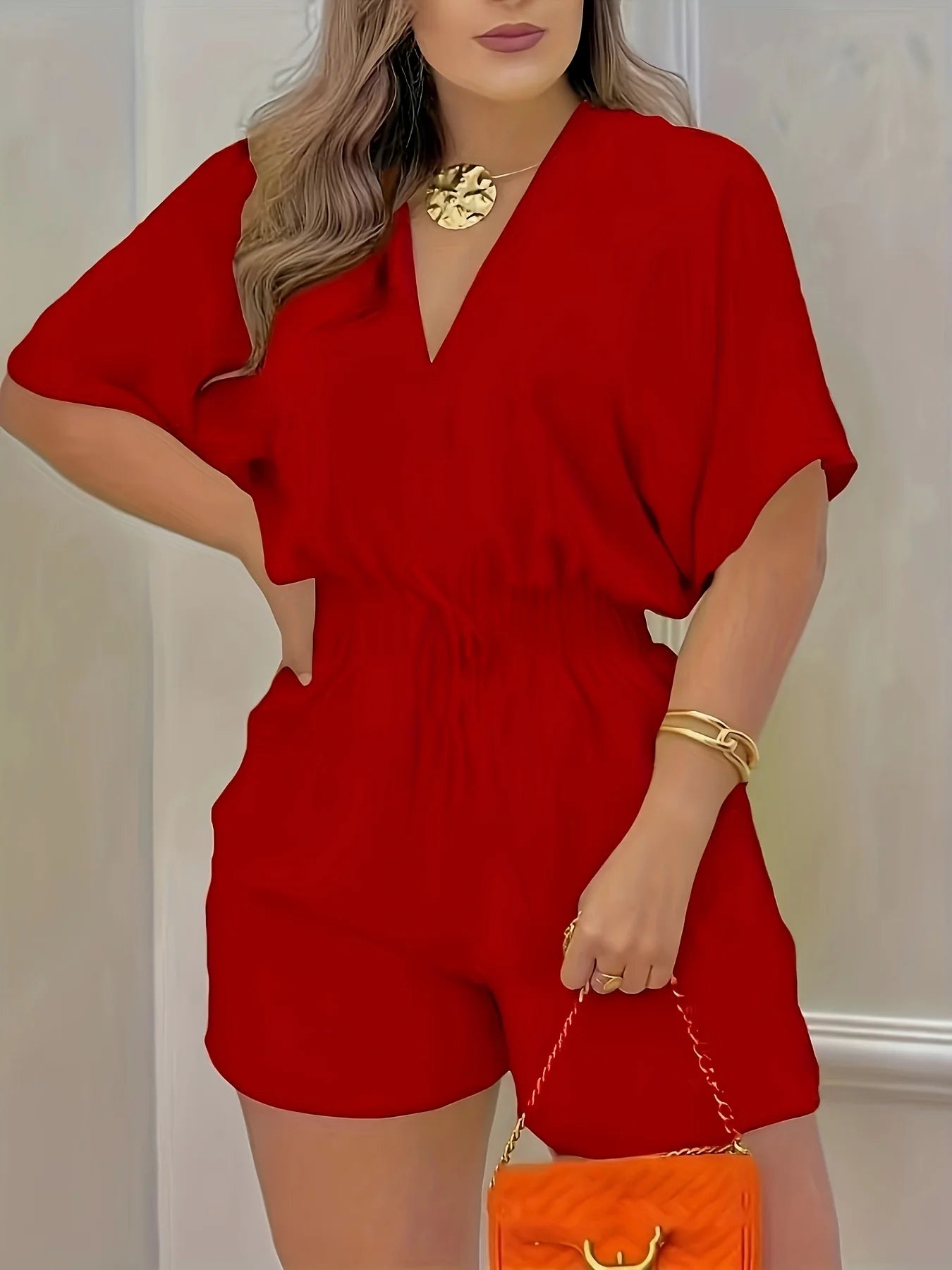 Nahlia Romper | Short Sleeve V-Neck Shirred Waist Romper