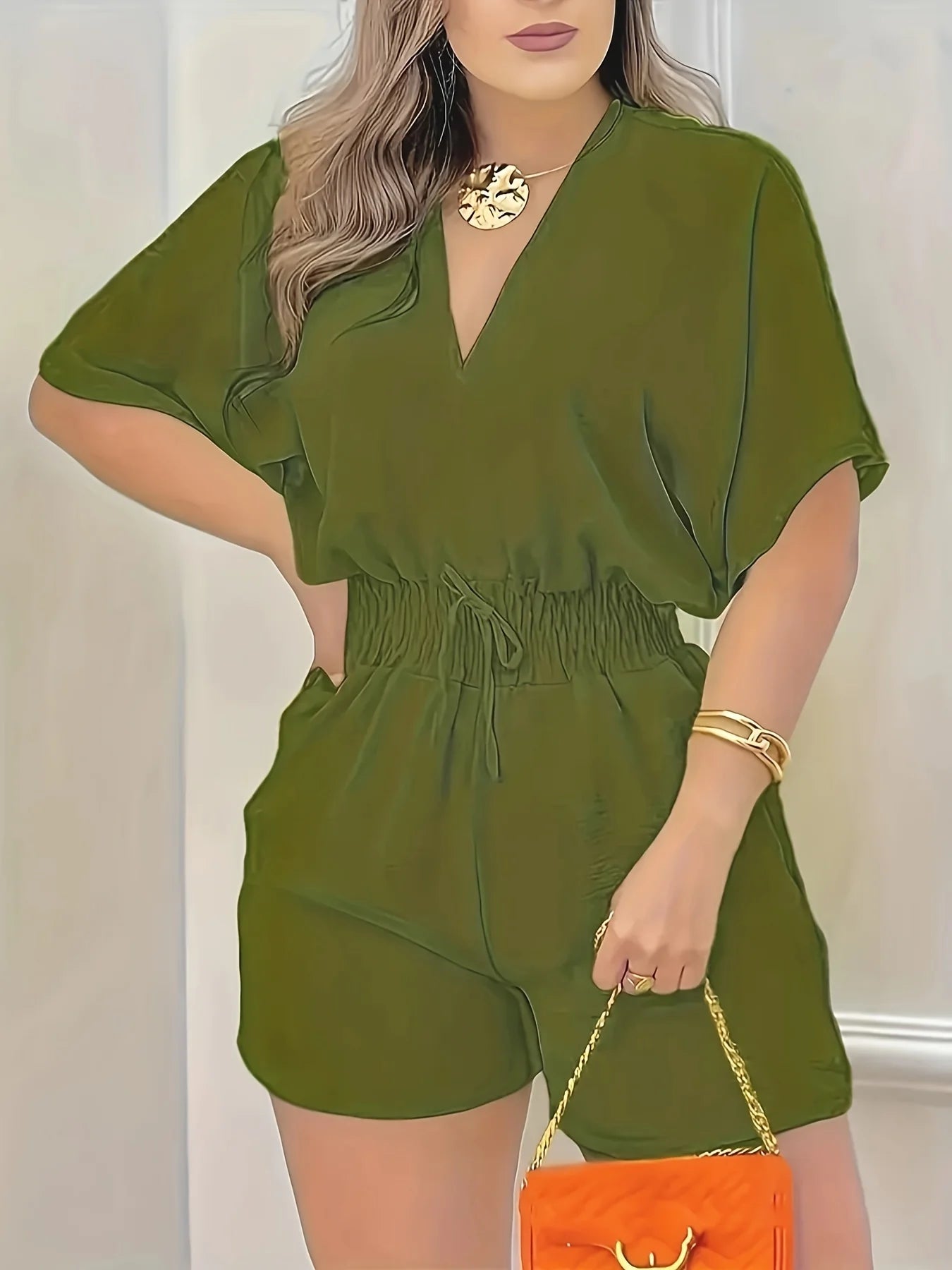 Nahlia Romper | Short Sleeve V-Neck Shirred Waist Romper