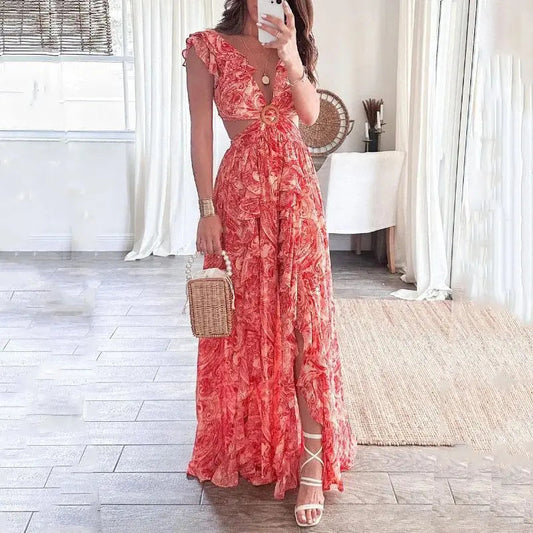Nala Floral Layered Ruffles Folklore V-Neck Sleeveless Front Slit Maxi Dress