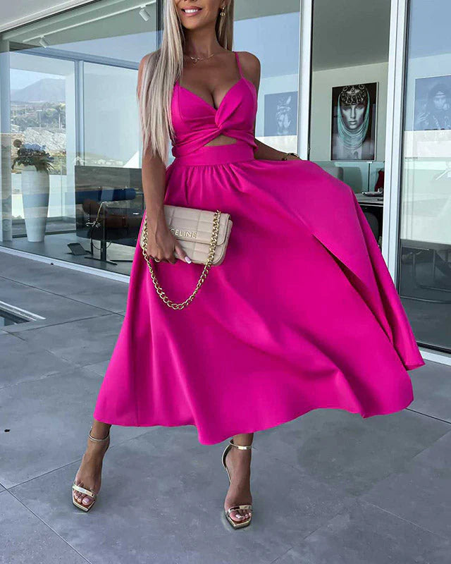 Nalani Dress | Deep V Hollow-Out Large Hem Split Strap Dress