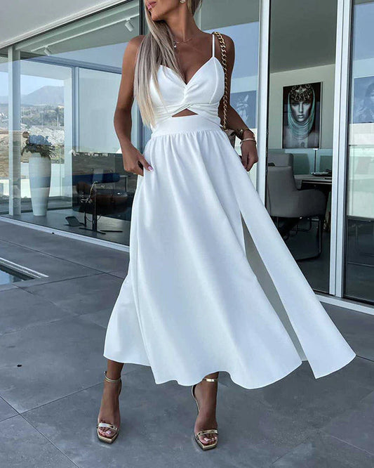 Nalani Dress | Deep V Hollow-Out Large Hem Split Strap Dress