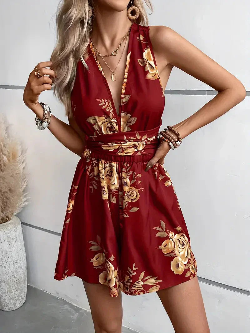 Nara Romper | Floral Print Cross Back Romper
