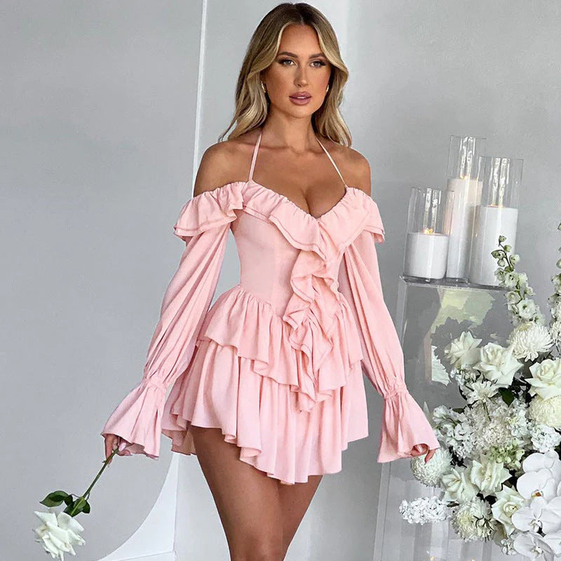 Nariyah Romper | Deep V Ruffle Front Off Shoulder Long Sleeve Romper