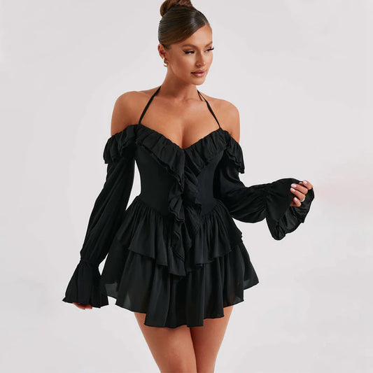Nariyah Romper | Deep V Ruffle Front Off Shoulder Long Sleeve Romper
