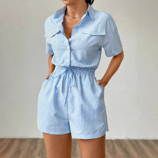 Naudia Romper | Short Sleeve Cinched Waist Button Front Romper
