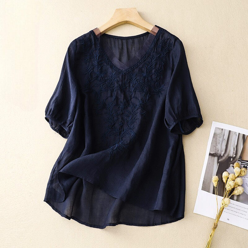 Isla Relaxed Fit Blouse | Embroidered V-Neck Three-Quarter Sleeve Blouse