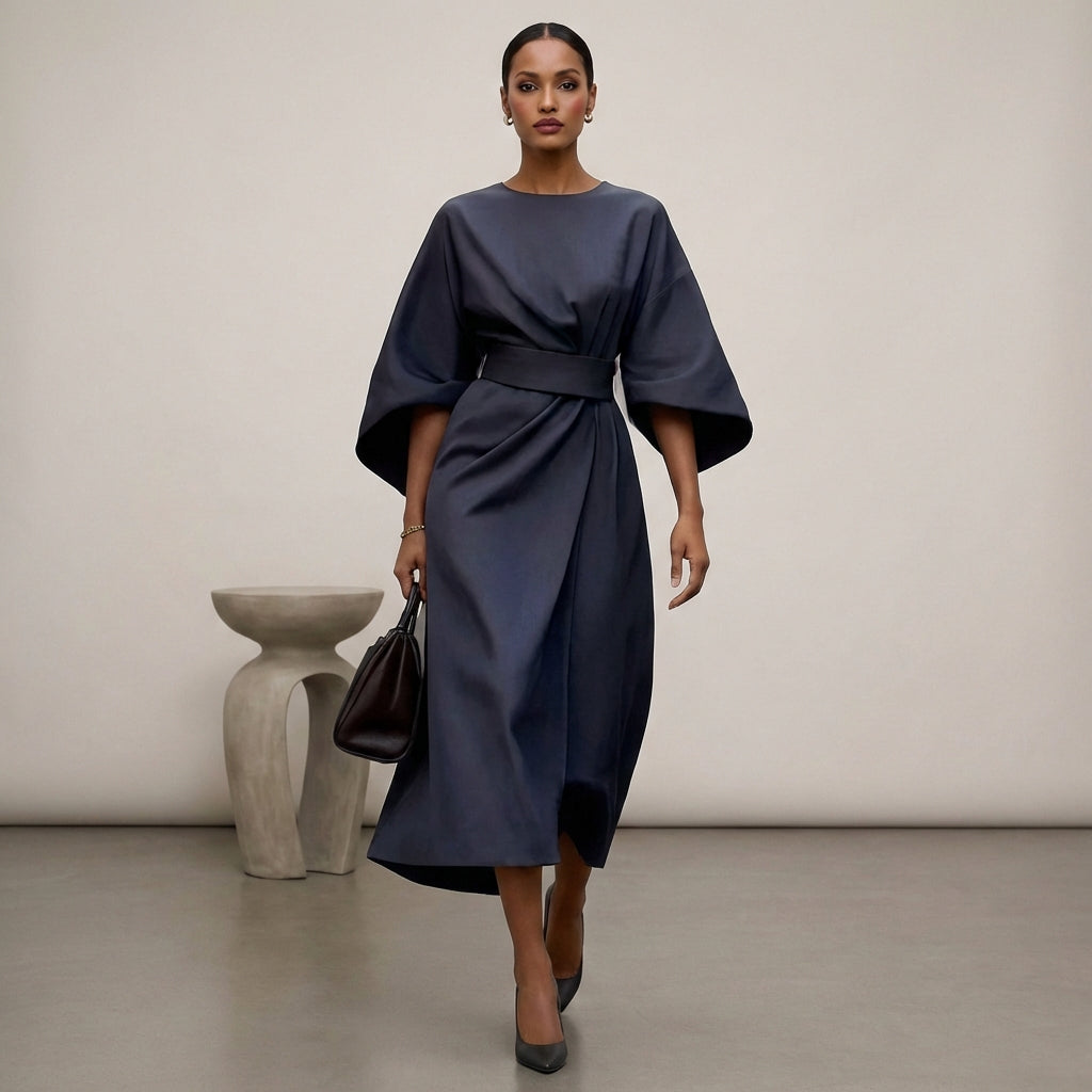 Isabella Relaxed Fit Dress | Round Neck Bat Sleeve Dress