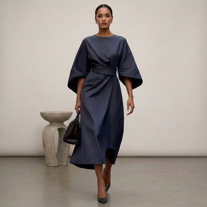 Isabella Relaxed Fit Dress | Round Neck Bat Sleeve Dress