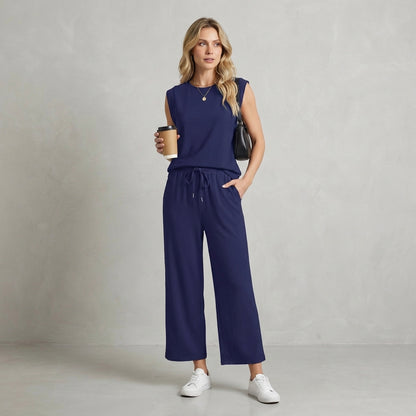 Isla Relaxed Fit Shoulder Pad Top And Pants Two-Piece Set | Solid Casual Wear