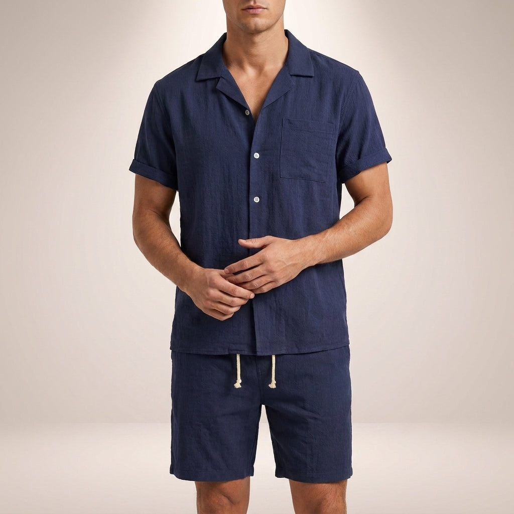 Theo Relaxed Fit Short Sleeve Shirt and Drawstring Shorts Two-Piece Set | Solid Casual Menswear
