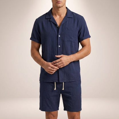 Theo Relaxed Fit Short Sleeve Shirt and Drawstring Shorts Two-Piece Set | Solid Casual Menswear