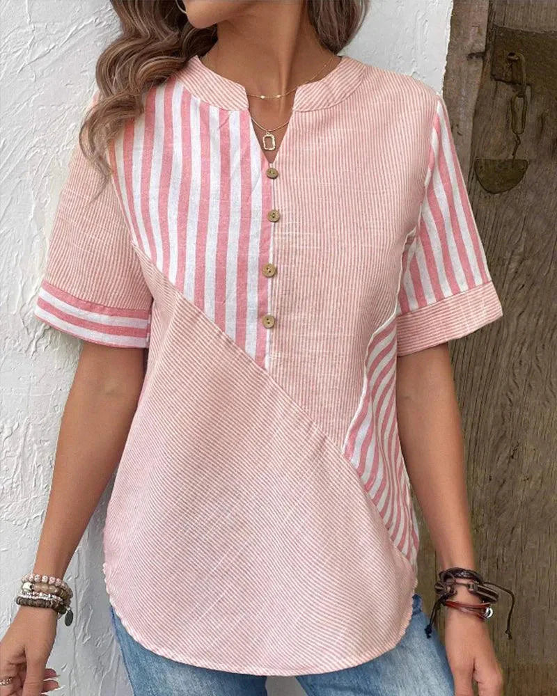 Nayma Blouse | Short Cuffed Sleeves Striped Mandarin Collar Blouse