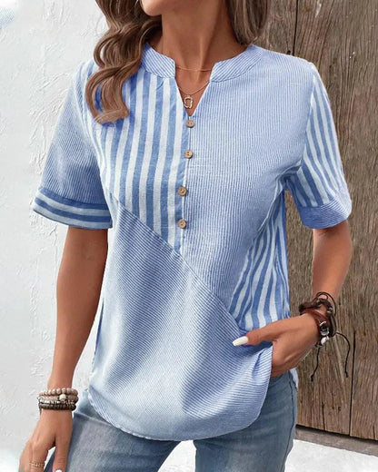 Nayma Blouse | Short Cuffed Sleeves Striped Mandarin Collar Blouse