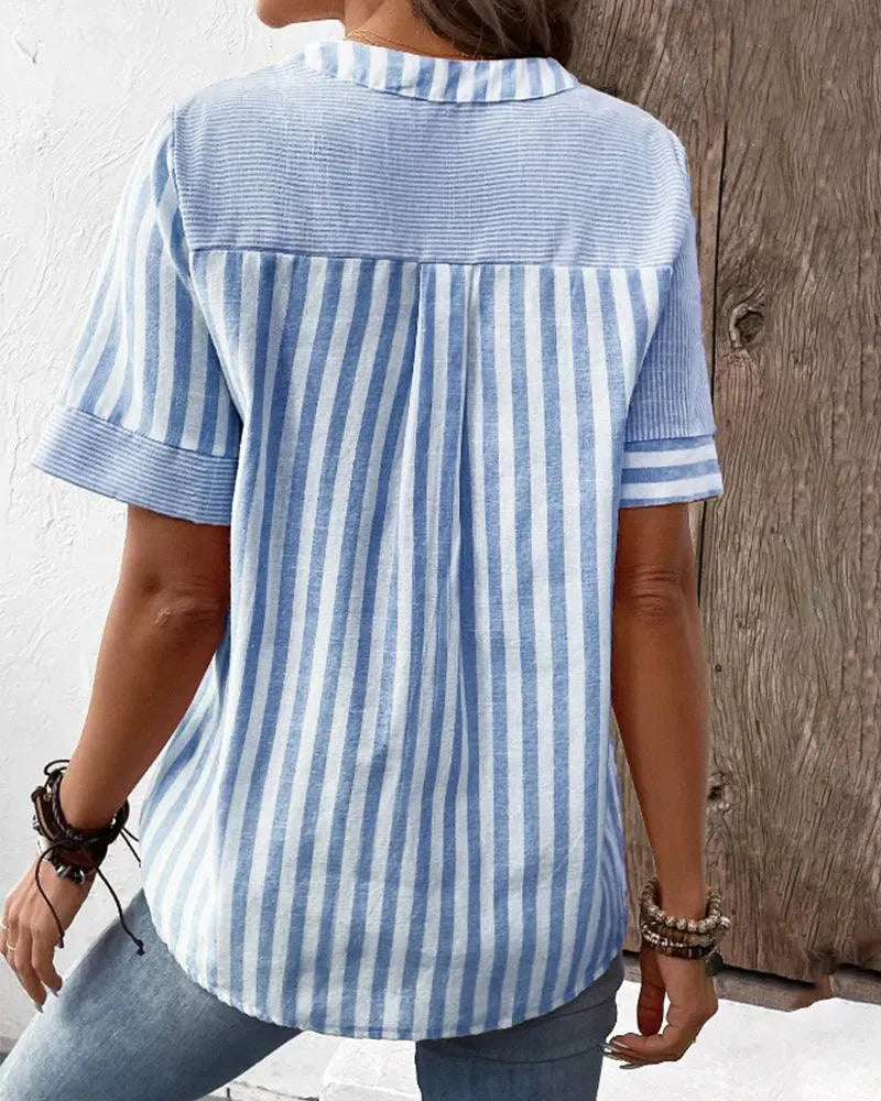 Nayma Blouse | Short Cuffed Sleeves Striped Mandarin Collar Blouse