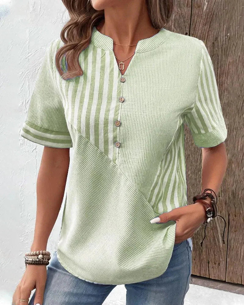 Nayma Blouse | Short Cuffed Sleeves Striped Mandarin Collar Blouse