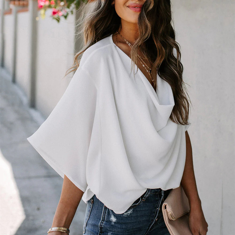 Nela Blouse | Loose Fit Pleated Flounce Sleeves V-Neck Chiffon Blouse