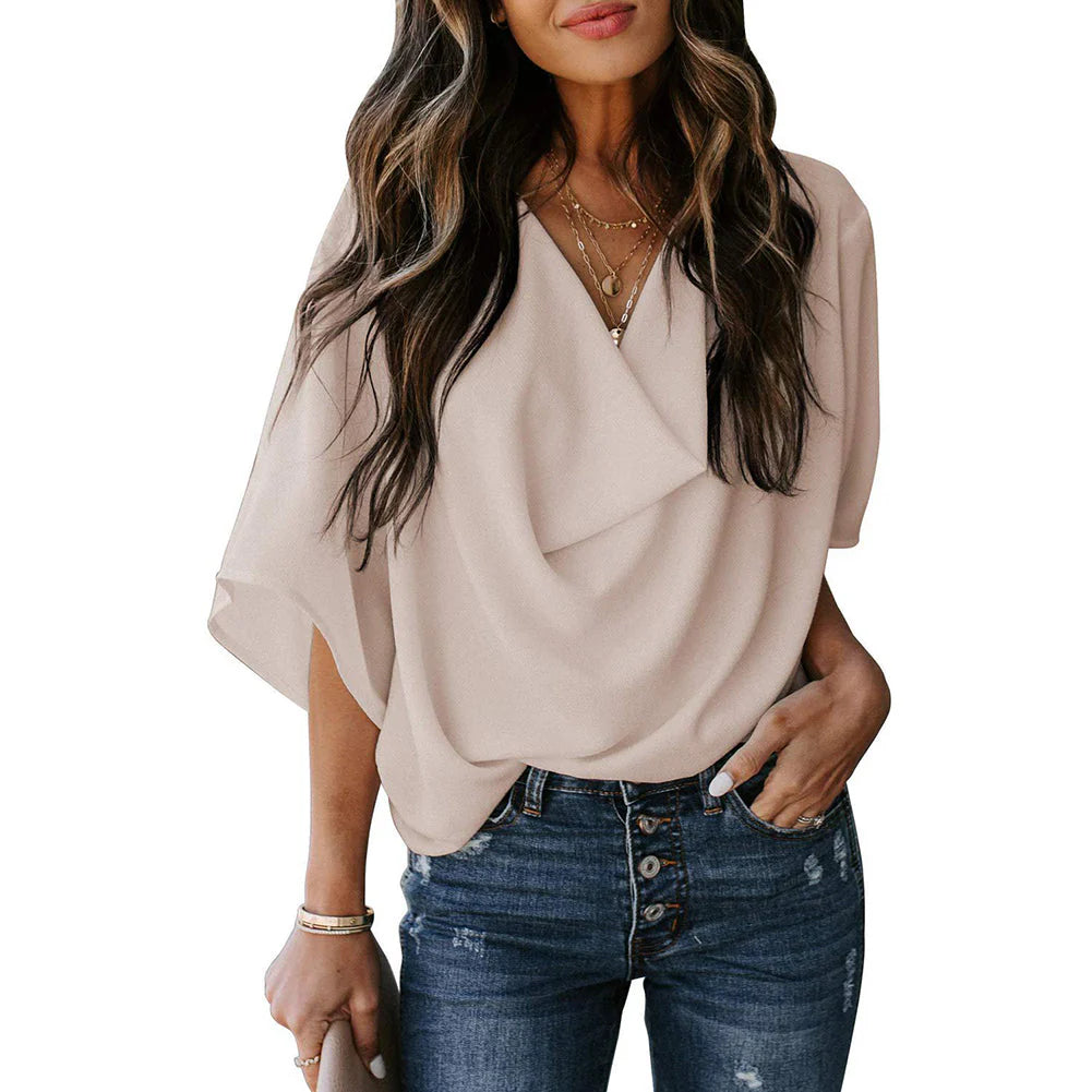 Nela Blouse | Loose Fit Pleated Flounce Sleeves V-Neck Chiffon Blouse