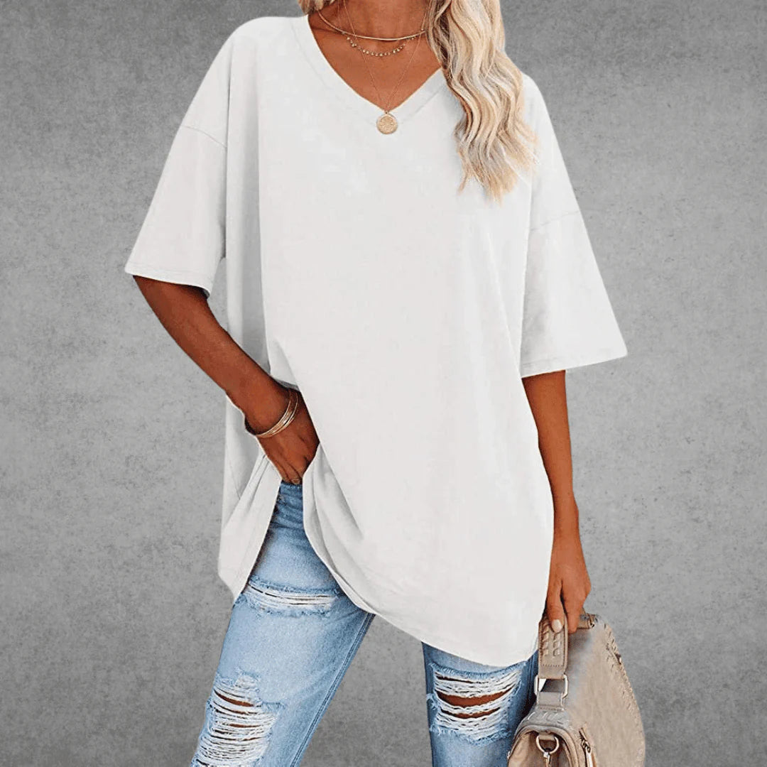 Nerissa Shirt | V-Neck Short Sleeve Cotton Blend T-Shirt