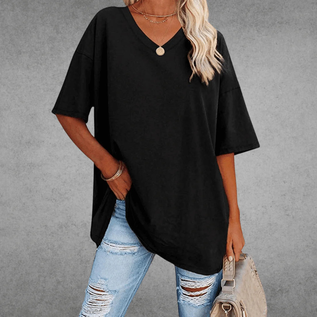 Nerissa Shirt | V-Neck Short Sleeve Cotton Blend T-Shirt