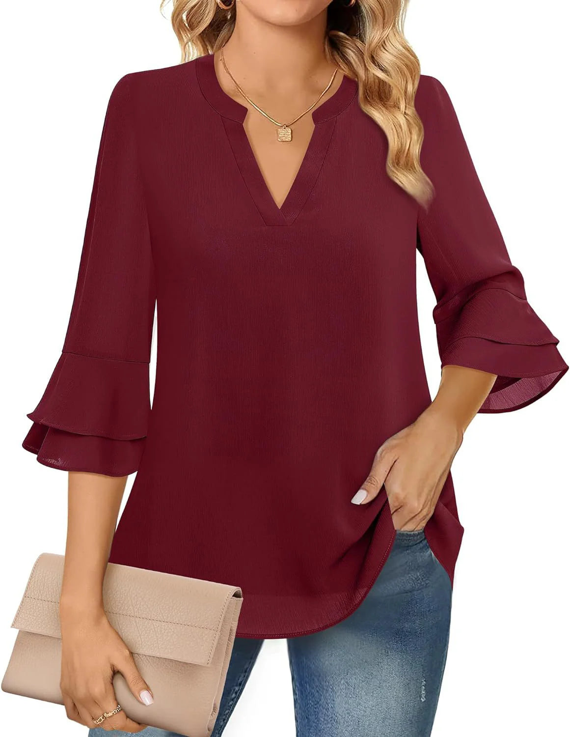 Nidia Blouse | Ruffle Sleeve Blouse with V-Neckline