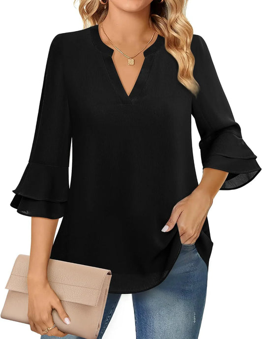 Nidia Blouse | Ruffle Sleeve Blouse with V-Neckline