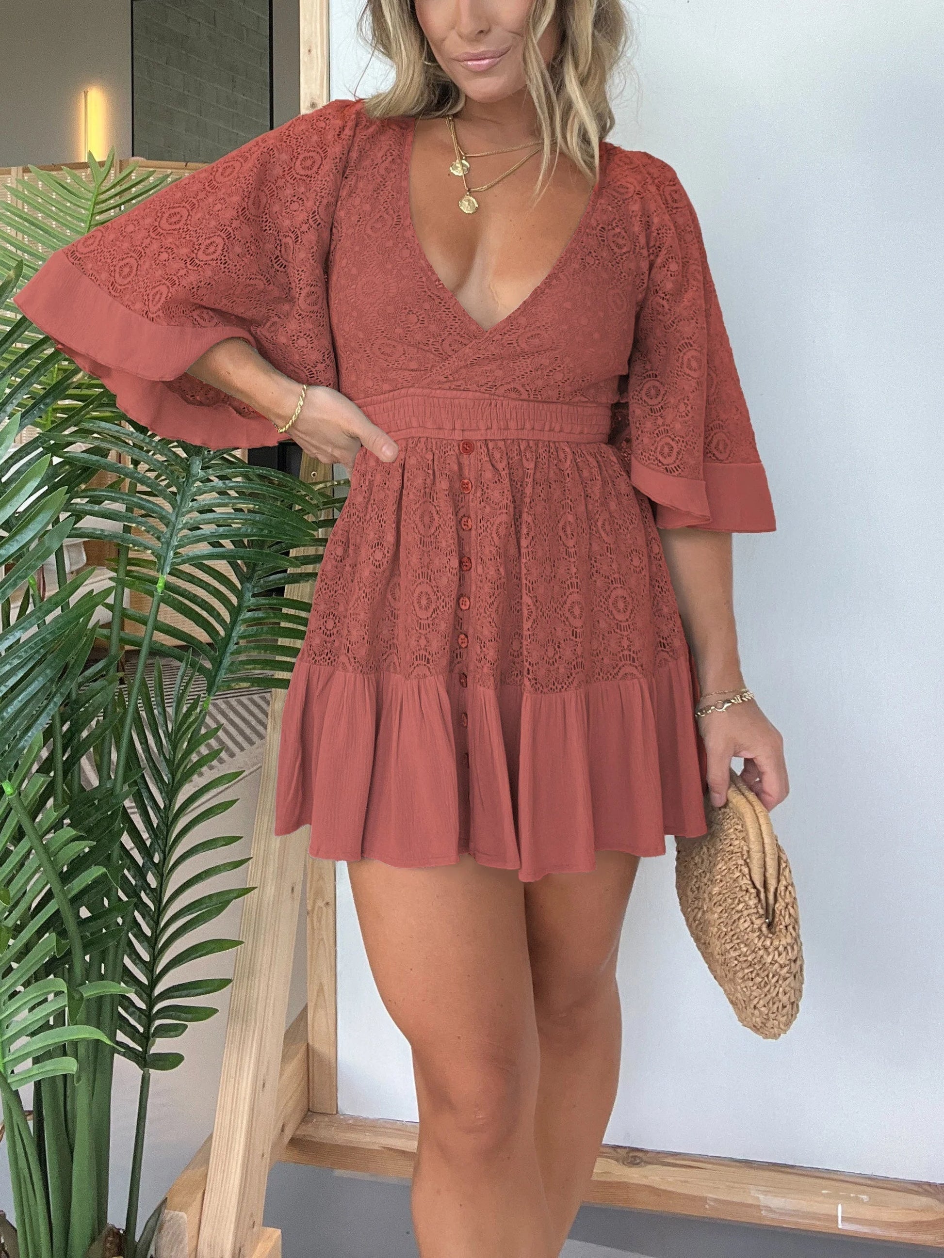 Nismah Romper | Deep V-Neck Flared Sleeves Fitted Waist Lace Romper