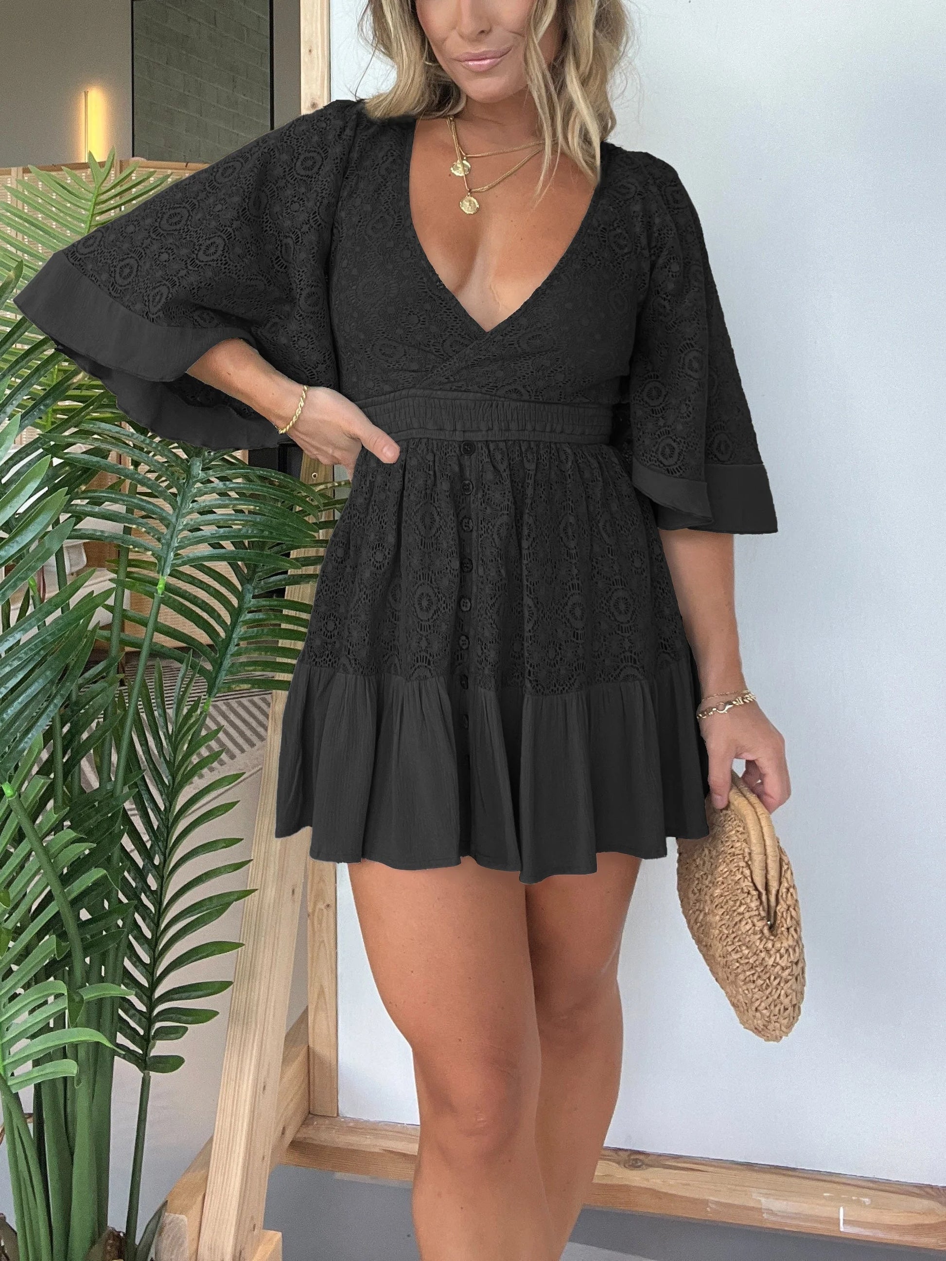 Nismah Romper | Deep V-Neck Flared Sleeves Fitted Waist Lace Romper