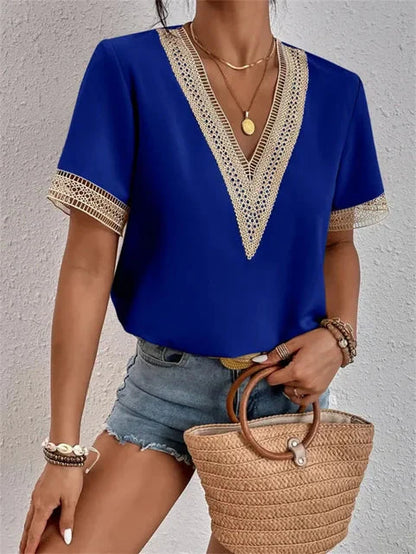 Niva Blouse | Elegant Short Sleeve Lace V-Neck Blouse