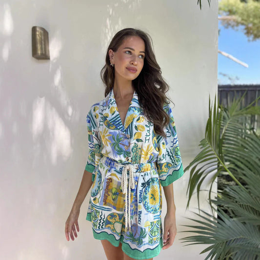 Noa Romper | Tropical Print Waist Tie Relaxed Fit Romper