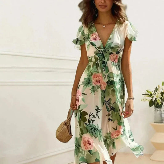 Noelle Short Flutter Sleeves Fitted Waist Wrap Dress