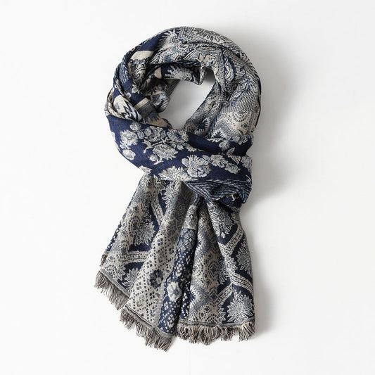 Amelia Draped Scarf | Jacquard Pattern Fringed Edges Scarf