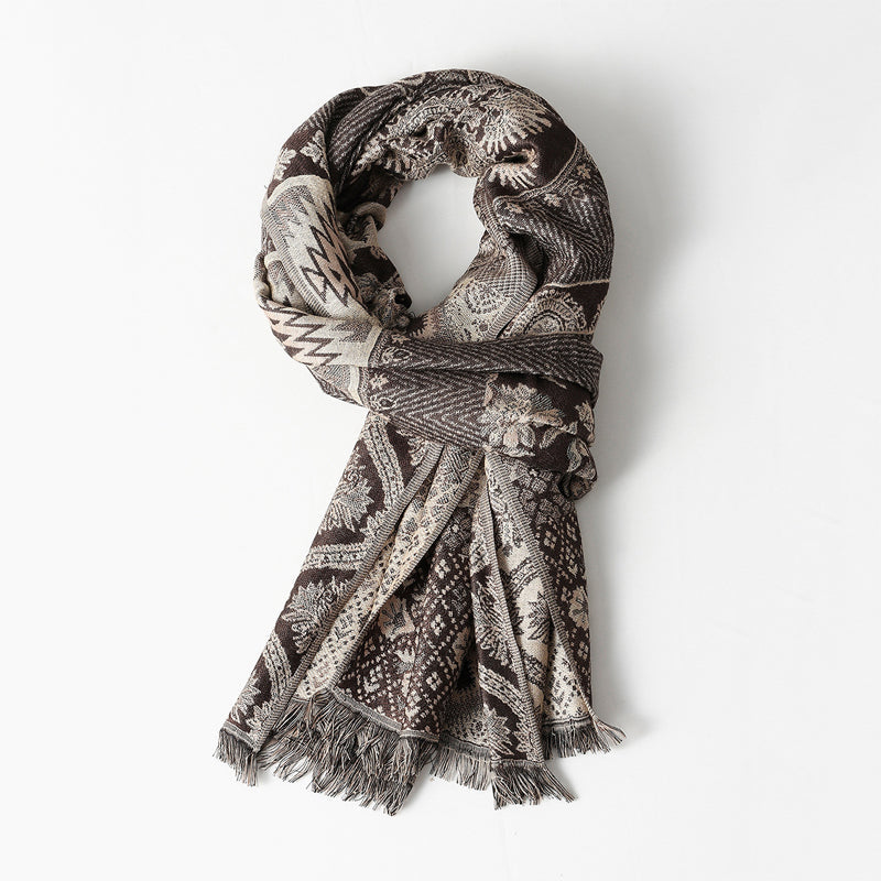 Amelia Draped Scarf | Jacquard Pattern Fringed Edges Scarf