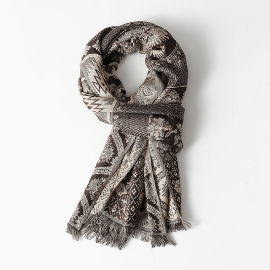 Amelia Draped Scarf | Jacquard Pattern Fringed Edges Scarf