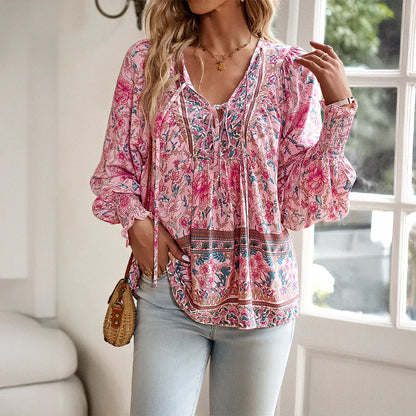 Norah Blouse | Long Sleeve - V-Neck with Tie Bohemian Blouse