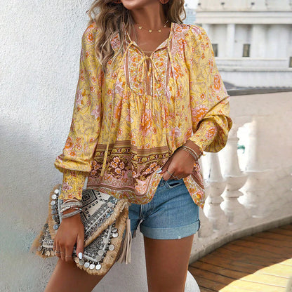 Norah Blouse | Long Sleeve - V-Neck with Tie Bohemian Blouse
