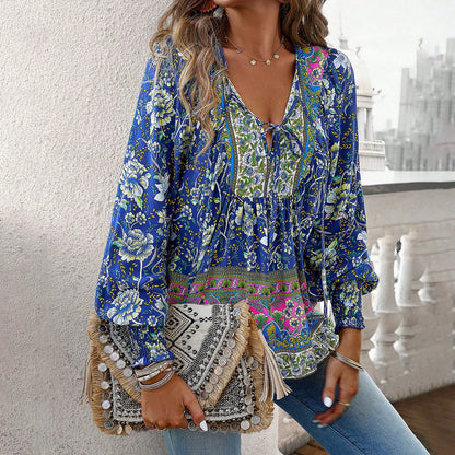 Norah Blouse | Long Sleeve - V-Neck with Tie Bohemian Blouse