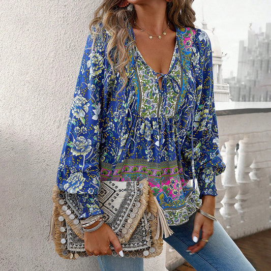 Norah Blouse | Long Sleeve - V-Neck with Tie Bohemian Blouse